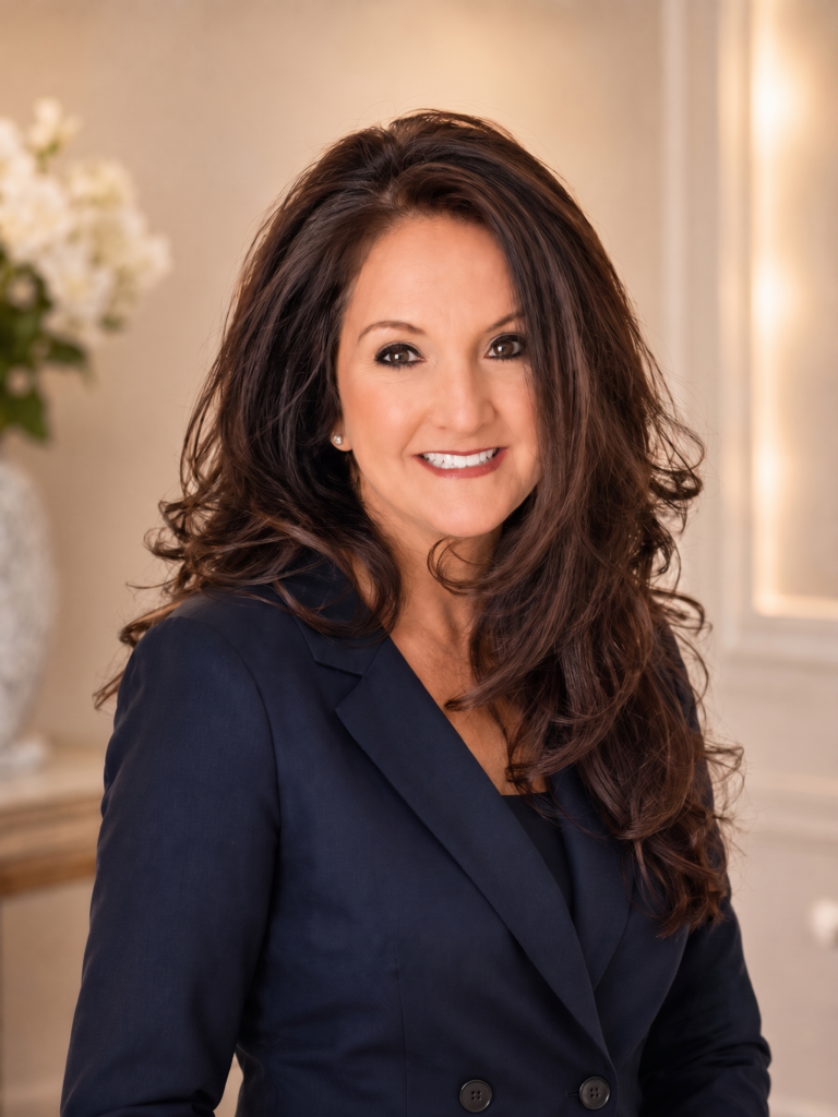 Pamela-AboutHeadsot Smiling professional corporate headshot of a woman with long brown hair in a navy blazer, featured on the about Pamela Lee realtor Dublin GA page.
